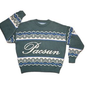 Pacsun Mens Fairisle Crew Sweater Green Blue Off-White Large Grandpa Sweater Y2K